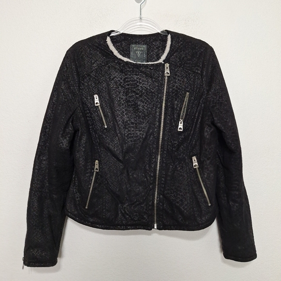 Guess Black Streetwear Embossed Faux Suede Soft Fur Animal Print Moto Jacket L - Picture 5 of 9